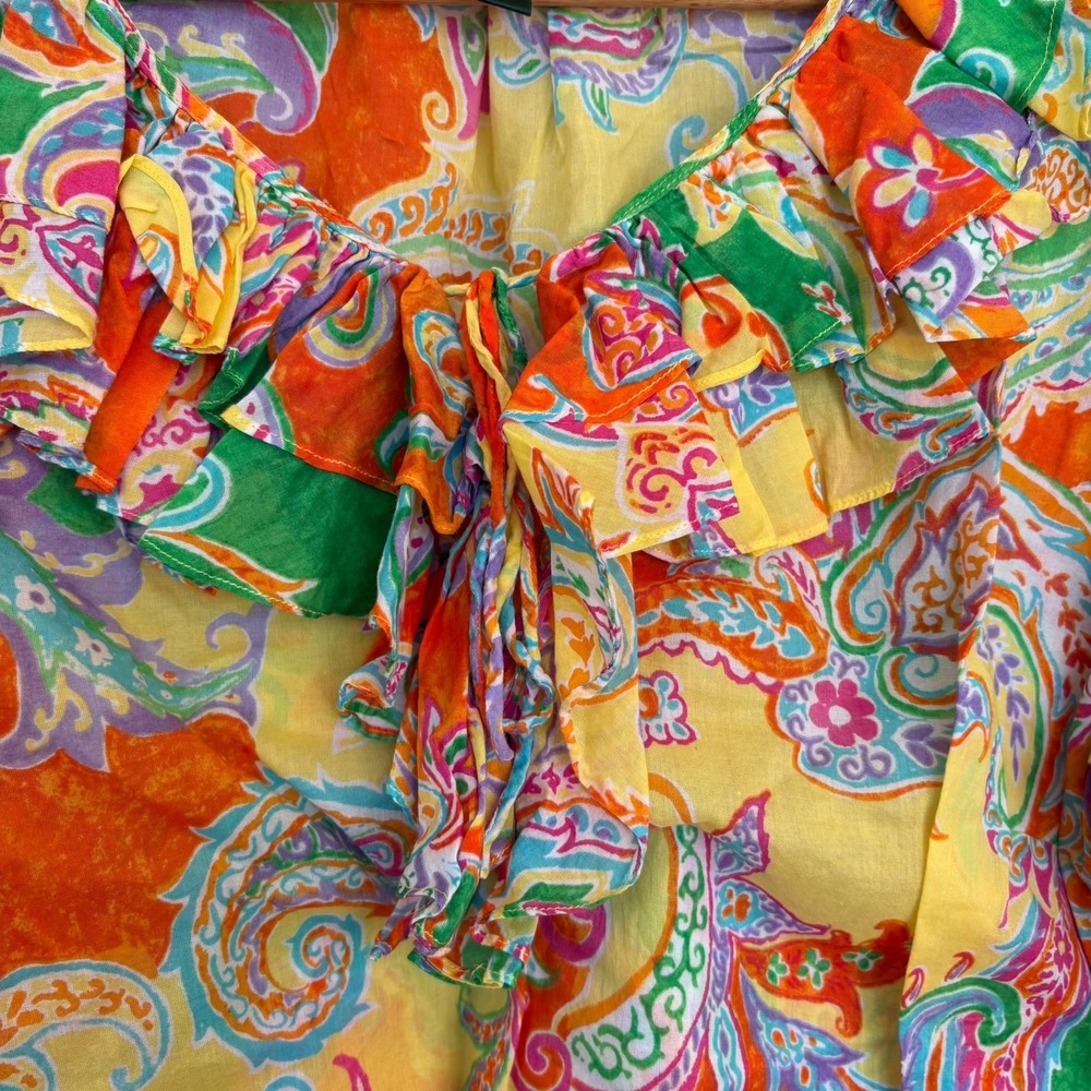 Lauren Ralph Lauren Womens 1X Paisley Ruffle Neck Cotton Blouse Multicolor - Picture 6 of 10